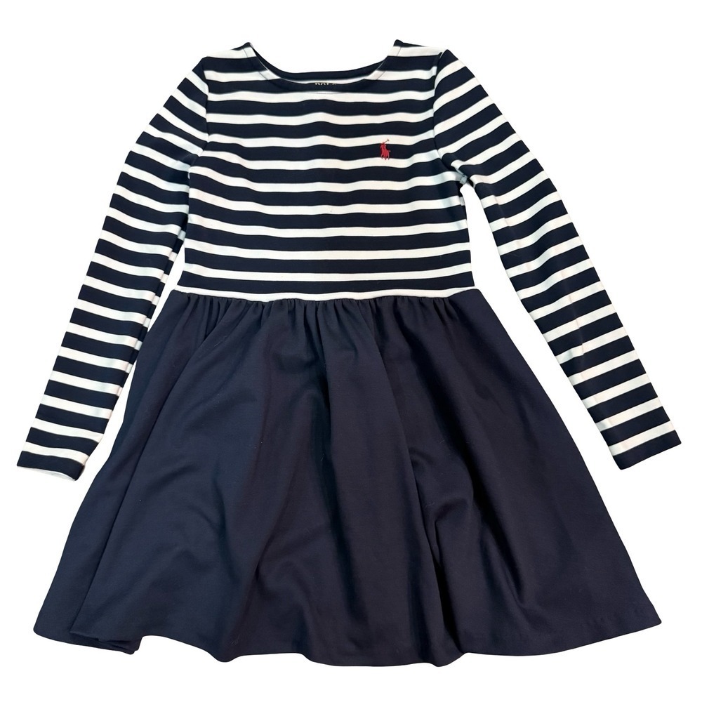 Polo Ralph Lauren Dress Navy White Striped Long Sleeve Girls Size 7